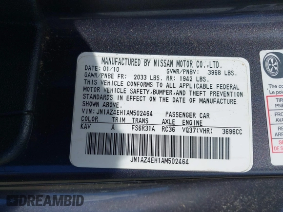 2010 Nissan 370Z Touring z VIN JN1AZ4EH1AM502464, wystawiony jako IAAI lot #42180616 z przebiegiem 145 598 mil mil oraz . Historia ofert i sprzedaży dostępna na DreamBid. Obrazek 9.
