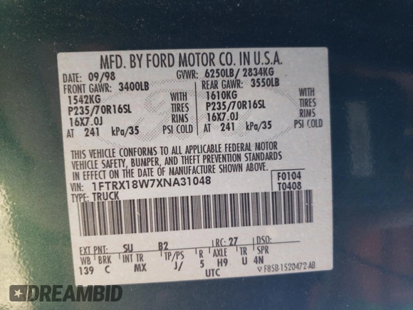 1999 Ford F-150 с VIN 1FTRX18W7XNA31048, выставлен на аукционе Copart как лот 87051164 с пробегом Не указан миль и Списание • Salvage title. История ставок и продаж доступна на DreamBid. Изображение 14.