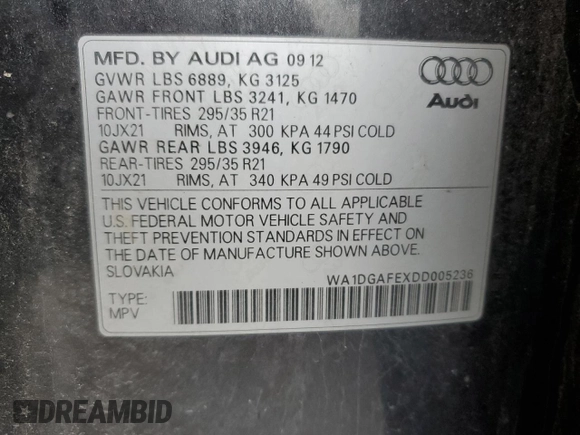 2013 Audi Q7 3.0T S line Prestige with VIN WA1DGAFEXDD005236, listed as a Copart auction lot 45141745 with 188,772 mi miles and Salvage Title. Bid and sale history available at carsss.com. Image 13.