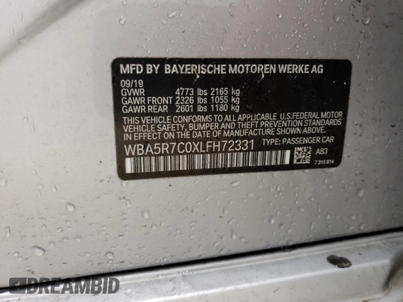 2020 BMW 3 Series 330i xDrive with VIN WBA5R7C0XLFH72331, listed as a Copart auction lot 88741295 with 94,483 mi miles and Clean Title. Bid and sale history available at DreamBid. Image 12.