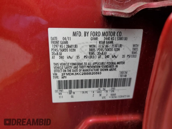 2011 Ford Edge Limited with VIN 2FMDK3KC2BBB20593, listed as a Copart auction lot 53479075 with 127,661 mi miles and Salvage Title. Bid and sale history available at carsss.com. Image 13.