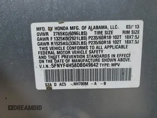 2013 Honda Pilot EX-L with VIN 5FNYF4H58DB049642, listed as a IAAI auction lot 42116017 with 116,647 mi miles. Bid and sale history available at carsss.com. Image 9.