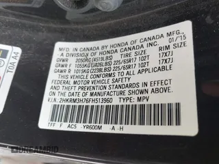 2015 Honda CR-V EX-L with VIN 2HKRM3H76FH513960, listed as a IAAI auction lot 40580780 with Not Provided miles. Bid and sale history available at carsss.com. Image 9.