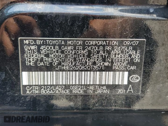2008 Lexus IS 350 with VIN JTHBE262082013571, listed as a Copart auction lot 61582565 with 106,857 mi miles and Salvage title. Bid and sale history available at DreamBid. Image 13.