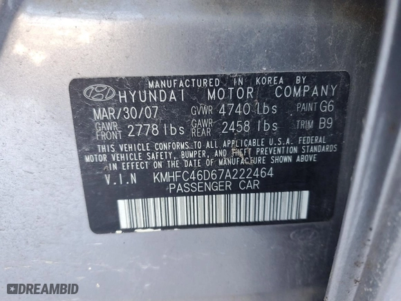 2007 Hyundai Azera GLS with VIN KMHFC46D67A222464, listed as a Copart auction lot 87528555 with 217,318 mi miles and Clean Title. Bid and sale history available at carsss.com. Image 12.