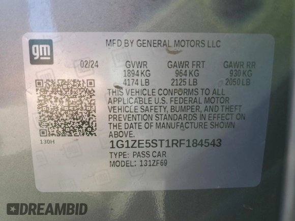 2024 Chevrolet Malibu LT with VIN 1G1ZE5ST1RF184543, listed as a Copart auction lot 55414995 with Not Provided miles and Salvage Title. Bid and sale history available at DreamBid. Image 12.