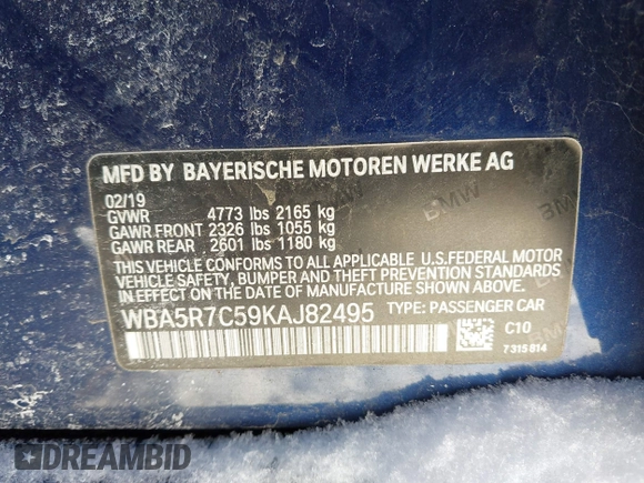 2019 BMW 3 Series 330i xDrive with VIN WBA5R7C59KAJ82495, listed as a IAAI auction lot 41597332 with 79,192 mi miles. Bid and sale history available at carsss.com. Image 9.