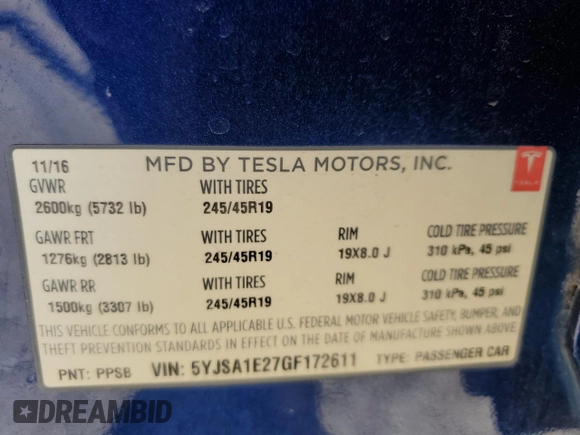 2016 Tesla Model S 90D z VIN 5YJSA1E27GF172611, wystawiony jako Copart lot #49434005 z przebiegiem 175 665 mil mil oraz Szkoda całkowita • Salvage title. Historia ofert i sprzedaży dostępna na DreamBid. Obrazek 13.