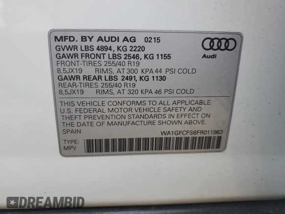 2015 Audi Q3 2.0T Prestige with VIN WA1GFCFS6FR011963, listed as a Copart auction lot 49292995 with 74,529 mi miles and Clean Title. Bid and sale history available at carsss.com. Image 12.