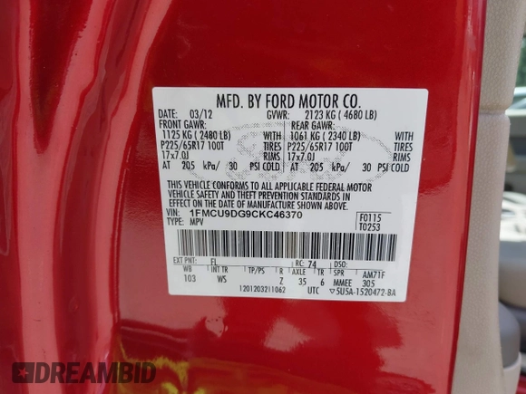 2012 Ford Escape XLT with VIN 1FMCU9DG9CKC46370, listed as a IAAI auction lot 42527937 with 152,031 mi miles and . Bid and sale history available at DreamBid. Image 9.