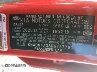 2013 Kia Rio LX with VIN KNADM4A38D6237793, listed as a Copart auction lot 87823165 with 160,349 mi miles and Salvage Title. Bid and sale history available at carsss.com. Image 13.