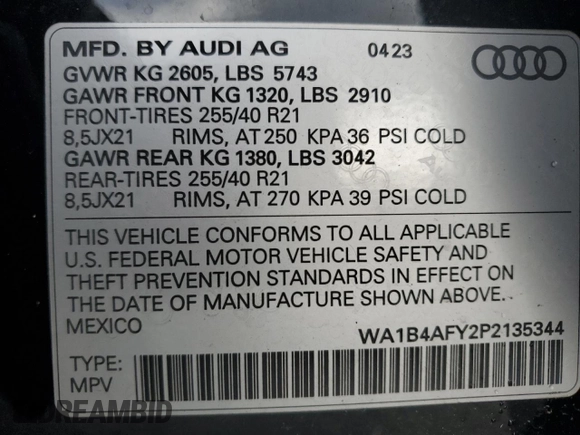 2023 Audi SQ5 Premium Plus with VIN WA1B4AFY2P2135344, listed as a Copart auction lot 86638264 with 15,897 mi miles and Salvage Title. Bid and sale history available at carsss.com. Image 14.