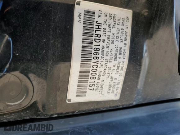 2000 Honda CR-V EX with VIN JHLRD1866YC008157, listed as a Copart auction lot 44955975 with 181,684 mi miles and Salvage Title. Bid and sale history available at carsss.com. Image 15.
