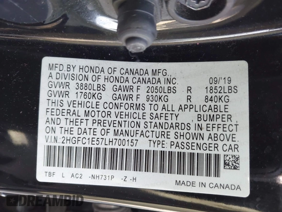 2020 Honda Civic Si z VIN 2HGFC1E57LH700157, wystawiony jako IAAI lot #41935665 z przebiegiem Nie podano mil oraz . Historia ofert i sprzedaży dostępna na DreamBid. Obrazek 9.