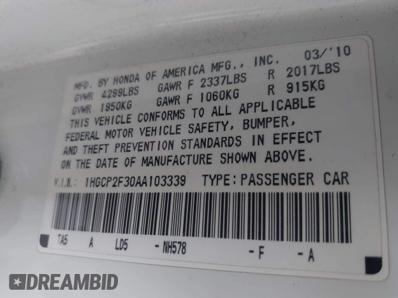 2010 Honda Accord LX with VIN 1HGCP2F30AA103339, listed as a IAAI auction lot 42548616 with 109,229 mi miles and . Bid and sale history available at DreamBid. Image 9.