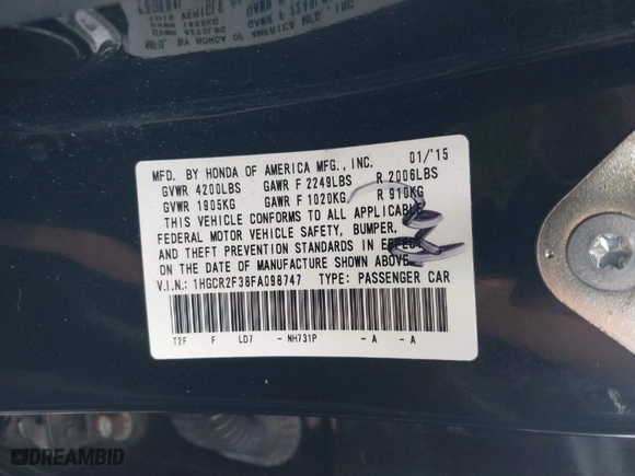 2015 Honda Accord Sedan LX with VIN 1HGCR2F38FA098747, listed as a IAAI auction lot 41865408 with 103,001 mi miles. Bid and sale history available at carsss.com. Image 9.