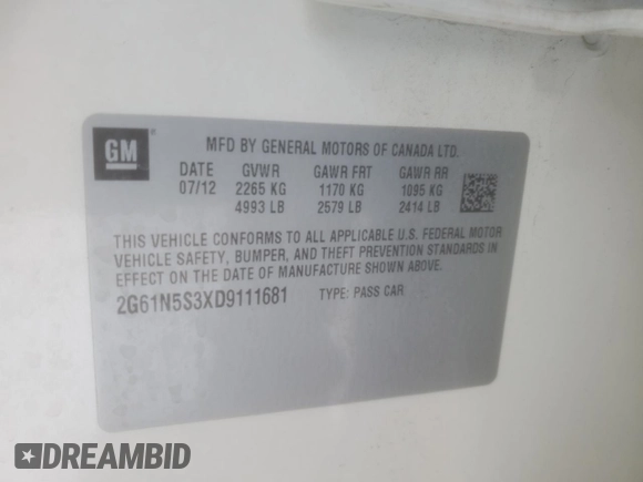 2013 Cadillac XTS with VIN 2G61N5S3XD9111681, listed as a Copart auction lot 45376705 with 75,532 mi miles and Salvage Title. Bid and sale history available at DreamBid. Image 13.