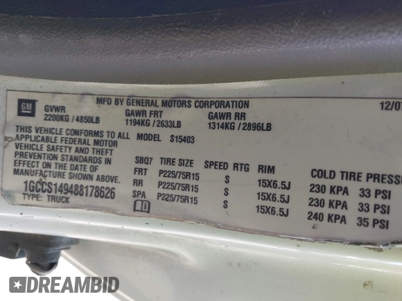 2008 Chevrolet Colorado LS with VIN 1GCCS149488178626, listed as a IAAI auction lot 41847804 with 182,497 mi miles and . Bid and sale history available at DreamBid. Image 9.