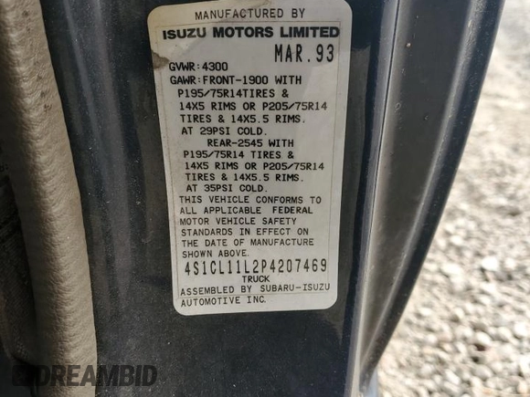 1993 Isuzu Pickup S z VIN 4S1CL11L2P4207469, wystawiony jako Copart lot #79279374 z przebiegiem 144 885 mil mil oraz Tytuł czysty. Historia ofert i sprzedaży dostępna na DreamBid. Obrazek 12.