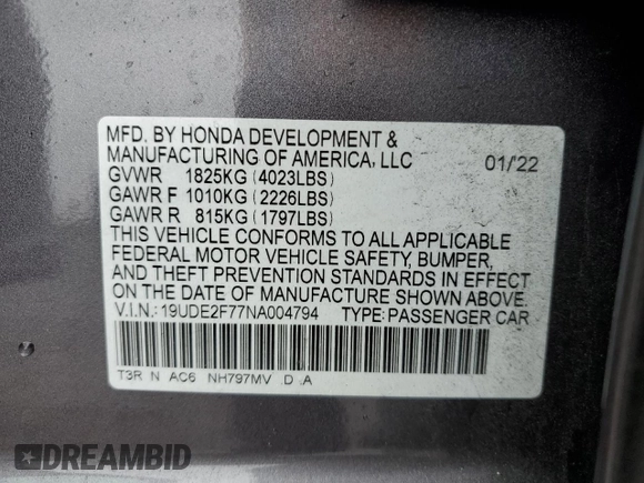 2022 Acura ILX Premium with VIN 19UDE2F77NA004794, listed as a Copart auction lot 44600853 with 9,189 mi miles and . Bid and sale history available at DreamBid. Image 14.