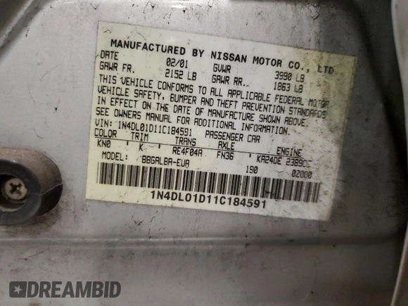2001 Nissan Altima GXE with VIN 1N4DL01D11C184591, listed as a Copart auction lot 41699465 with 104,431 mi miles and Salvage Title. Bid and sale history available at carsss.com. Image 13.