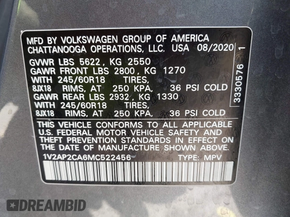 2021 Volkswagen Atlas S с VIN 1V2AP2CA6MC522456, выставлен на аукционе IAAI как лот 42314327 с пробегом 118 207 миль миль и . История ставок и продаж доступна на DreamBid. Изображение 9.