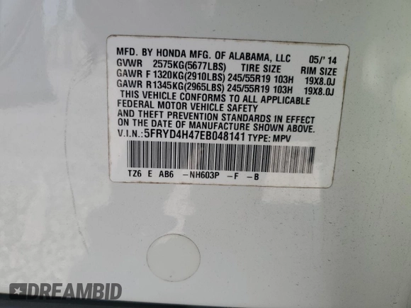 2014 Acura MDX Tech Pkg with VIN 5FRYD4H47EB048141, listed as a Copart auction lot 53747845 with 120,230 mi miles and Salvage Title. Bid and sale history available at carsss.com. Image 14.