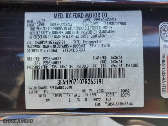 2007 Ford Fusion SE with VIN 3FAHP07107R265191, listed as a Copart auction lot 47264685 with 108,419 mi miles and Salvage Title. Bid and sale history available at carsss.com. Image 14.