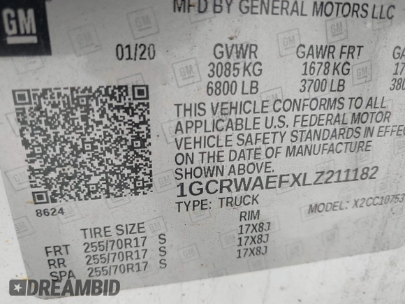 2020 Chevrolet Silverado 1500 Work Truck with VIN 1GCRWAEFXLZ211182, listed as a IAAI auction lot 41768487 with 142,824 mi miles and . Bid and sale history available at DreamBid. Image 9.