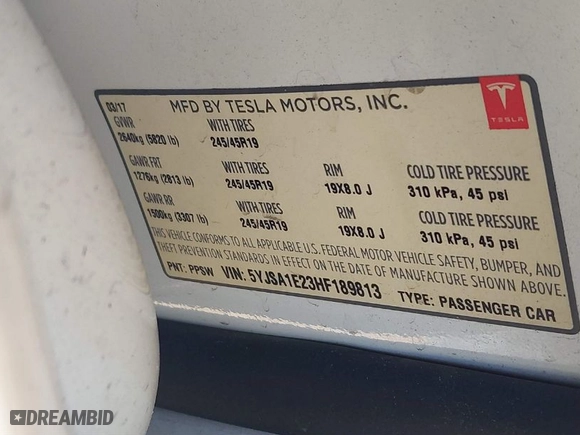 2017 Tesla Model S 100D with VIN 5YJSA1E23HF189813, listed as a IAAI auction lot 41767079 with 53,541 mi miles. Bid and sale history available at carsss.com. Image 9.