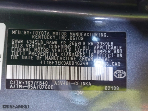 2010 Toyota Camry with VIN 4T1BF3EK9AU016349, listed as a IAAI auction lot 41999802 with 213,094 mi miles. Bid and sale history available at carsss.com. Image 9.
