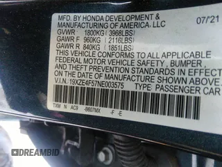 2022 Honda Insight EX with VIN 19XZE4F57NE003575, listed as a IAAI auction lot 41427144 with 82,298 mi miles and . Bid and sale history available at DreamBid. Image 9.