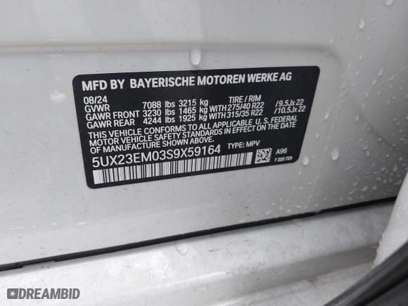 2025 BMW X7 xDrive40i with VIN 5UX23EM03S9X59164, listed as a IAAI auction lot 41263426 with 4,949 mi miles. Bid and sale history available at carsss.com. Image 9.