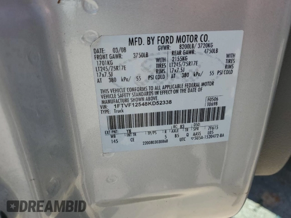 2008 Ford F-150 XL with VIN 1FTVF12548KD52338, listed as a Copart auction lot 57635795 with 115,221 mi miles and Salvage title. Bid and sale history available at DreamBid. Image 12.
