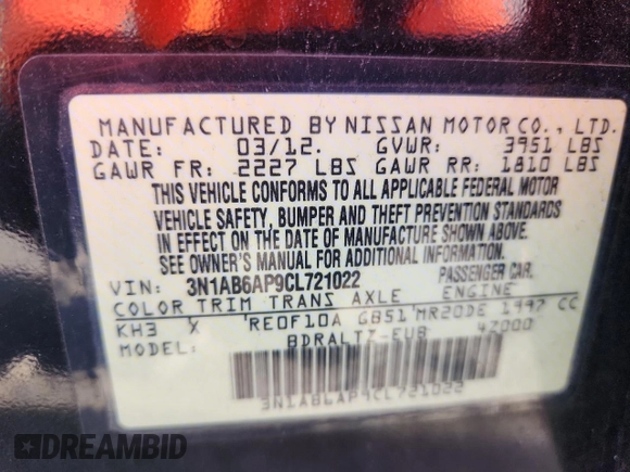 2012 Nissan Sentra SR with VIN 3N1AB6AP9CL721022, listed as a Copart auction lot 63069065 with 59,035 mi miles and Salvage title. Bid and sale history available at DreamBid. Image 12.