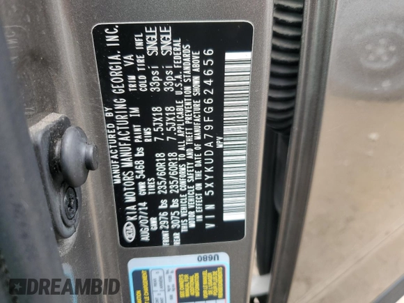 2015 Kia Sorento EX with VIN 5XYKUDA79FG624656, listed as a Copart auction lot 59947005 with 124,509 mi miles and Clean title. Bid and sale history available at DreamBid. Image 13.