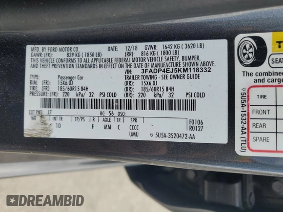 2019 Ford Fiesta SE with VIN 3FADP4EJ5KM118332, listed as a Copart auction lot 55664755 with 51,877 mi miles and Clean Title. Bid and sale history available at DreamBid. Image 13.