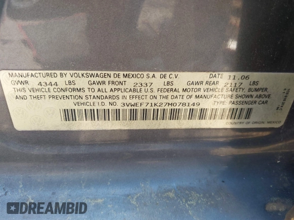 2007 Volkswagen Jetta Wolfsburg Edition with VIN 3VWEF71K27M078149, listed as a IAAI auction lot 42540627 with 205,605 mi miles and . Bid and sale history available at DreamBid. Image 9.