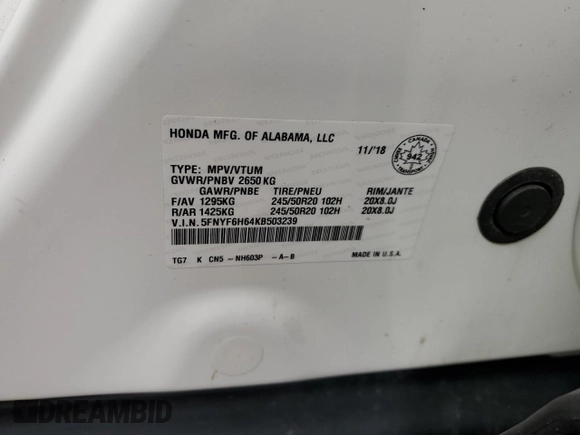 2019 Honda Pilot Touring 7-Passenger with VIN 5FNYF6H64KB503239, listed as a Copart auction lot 52936035 with 83,619 mi miles and Salvage Title. Bid and sale history available at DreamBid. Image 14.