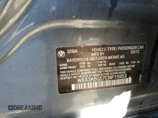 2012 BMW 3 Series 328i with VIN WBA3A5G57CNP15953, listed as a Copart auction lot 46664315 with 80,487 mi miles and Salvage Title. Bid and sale history available at carsss.com. Image 14.