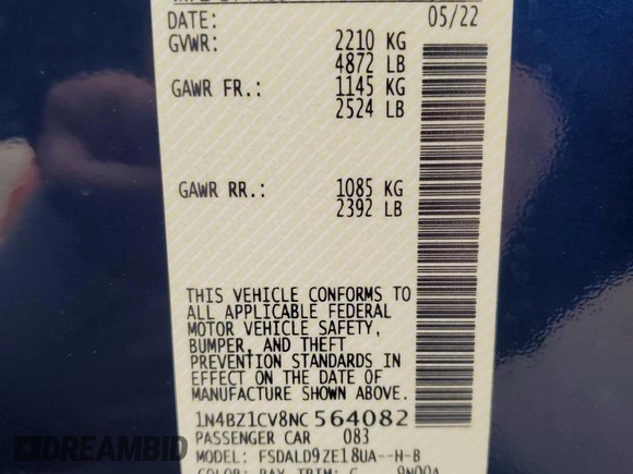 2022 Nissan LEAF SV Plus with VIN 1N4BZ1CV8NC564082, listed as a Copart auction lot 49554945 with 15,394 mi miles and Salvage title. Bid and sale history available at DreamBid. Image 12.