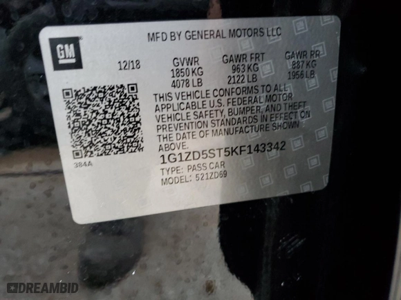 2019 Chevrolet Malibu LT with VIN 1G1ZD5ST5KF143342, listed as a Copart auction lot 39293054 with 75,940 mi miles and Salvage Title. Bid and sale history available at carsss.com. Image 12.