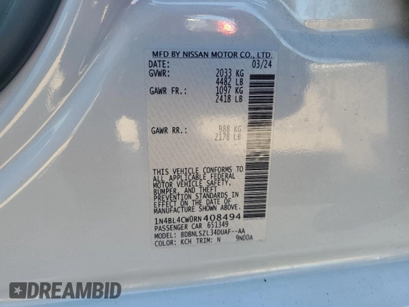 2024 Nissan Altima 2.5 SR with VIN 1N4BL4CW0RN408494, listed as a Copart auction lot 48607055 with 16,465 mi miles and Clean Title. Bid and sale history available at carsss.com. Image 12.