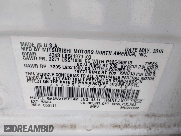 2015 Mitsubishi Outlander ES z VIN 4A4AP3AU4FE034451, wystawiony jako IAAI lot #41057102 z przebiegiem 166 263 mil mil oraz . Historia ofert i sprzedaży dostępna na DreamBid. Obrazek 9.