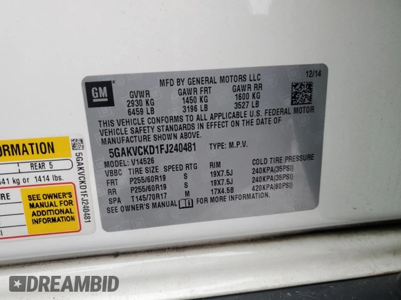 2015 Buick Enclave Premium with VIN 5GAKVCKD1FJ240481, listed as a Copart auction lot 84502444 with Not Provided miles and Salvage Title. Bid and sale history available at DreamBid. Image 13.