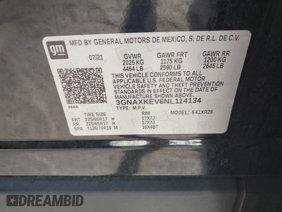 2022 Chevrolet Equinox LT with VIN 3GNAXKEV6NL114134, listed as a IAAI auction lot 40828504 with 43,240 mi miles and . Bid and sale history available at DreamBid. Image 9.
