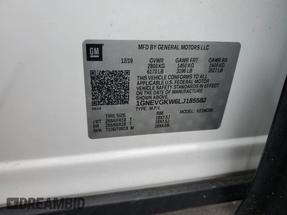 2020 Chevrolet Traverse LT Cloth with VIN 1GNEVGKW6LJ185582, listed as a Copart auction lot 59184425 with 57,148 mi miles and Non repairable. Bid and sale history available at DreamBid. Image 13.
