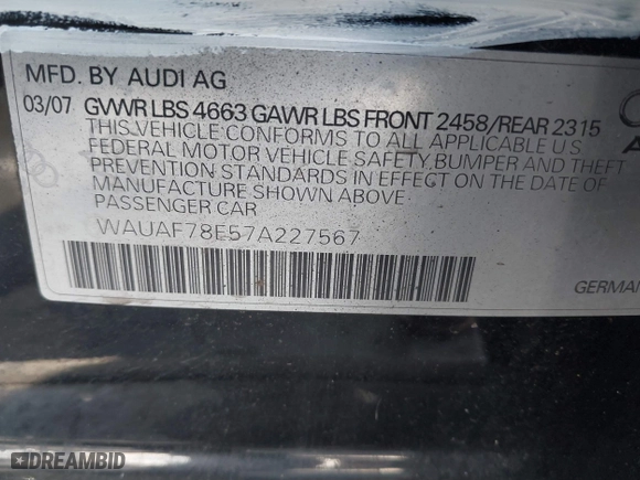 2007 Audi A4 2.0T with VIN WAUAF78E57A227567, listed as a IAAI auction lot 41192417 with 157,393 mi miles. Bid and sale history available at carsss.com. Image 9.