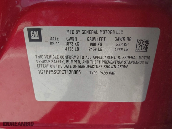 2012 Chevrolet Cruze LT w/1LT with VIN 1G1PF5SC0C7138806, listed as a IAAI auction lot 42013670 with 165,944 mi miles. Bid and sale history available at carsss.com. Image 9.
