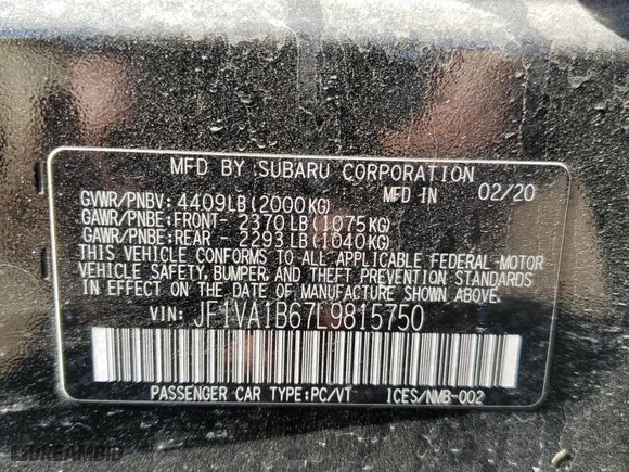2020 Subaru WRX Premium with VIN JF1VA1B67L9815750, listed as a Copart auction lot 49599155 with 83,082 mi miles and Salvage Title. Bid and sale history available at carsss.com. Image 13.